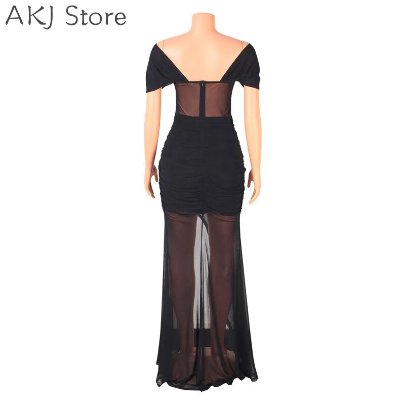 Women Off Shoulder Mesh Sheer High Slit Ruched Backless Maxi Dress