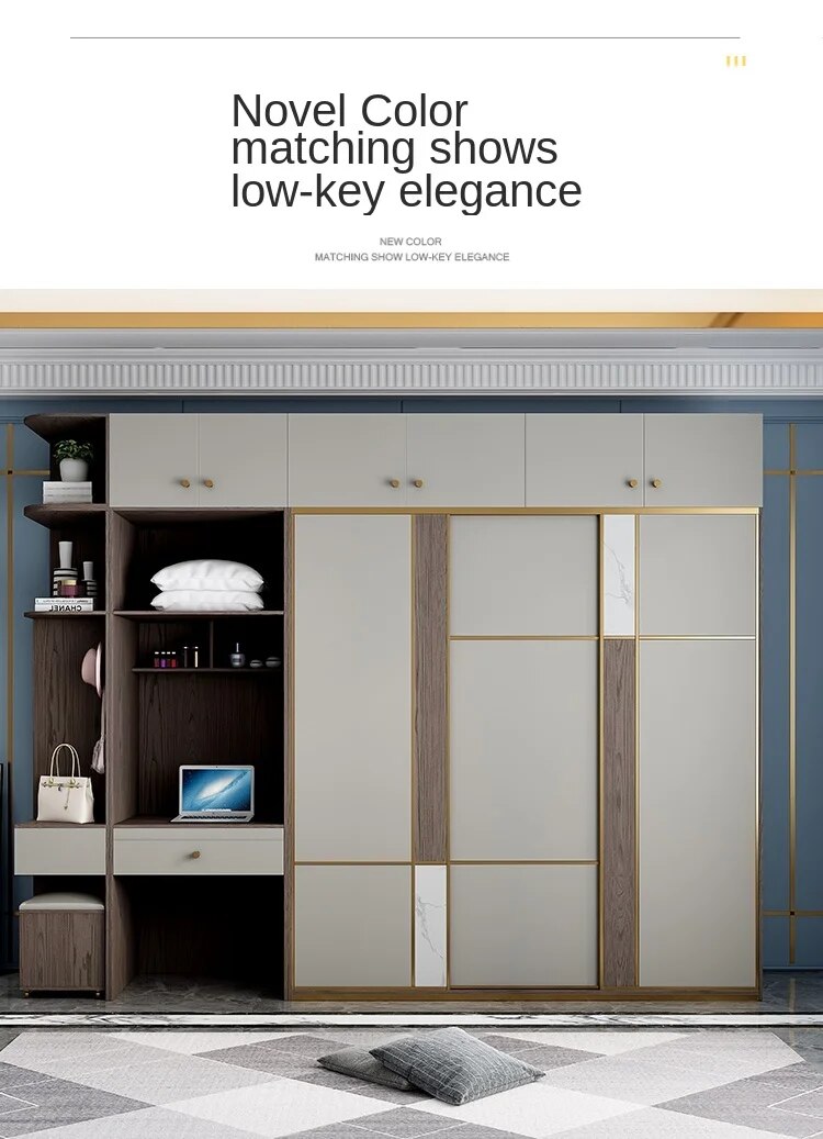 Wardrobe bedroom sliding door Modern minimalist cabinet combination Three-door wardrobe with dressing table