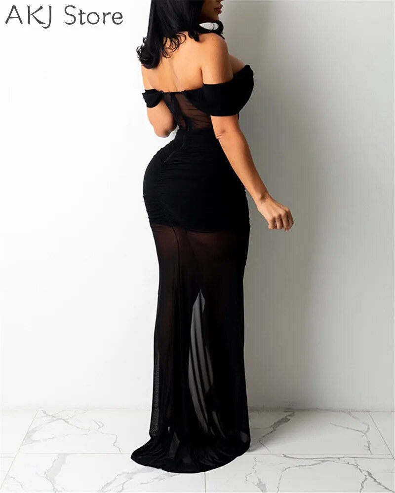 Women Off Shoulder Mesh Sheer High Slit Ruched Backless Maxi Dress