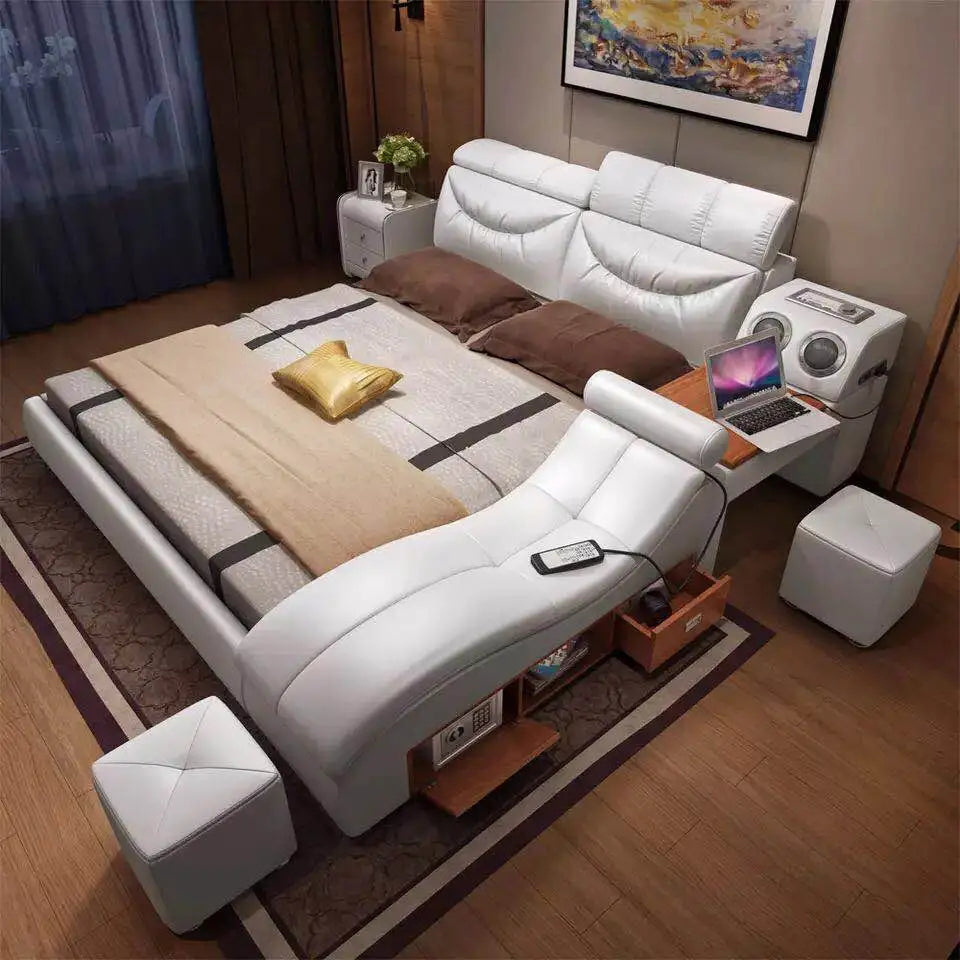 1.8 m modern beige top grain leather bed bedroom furniture  #CE-096