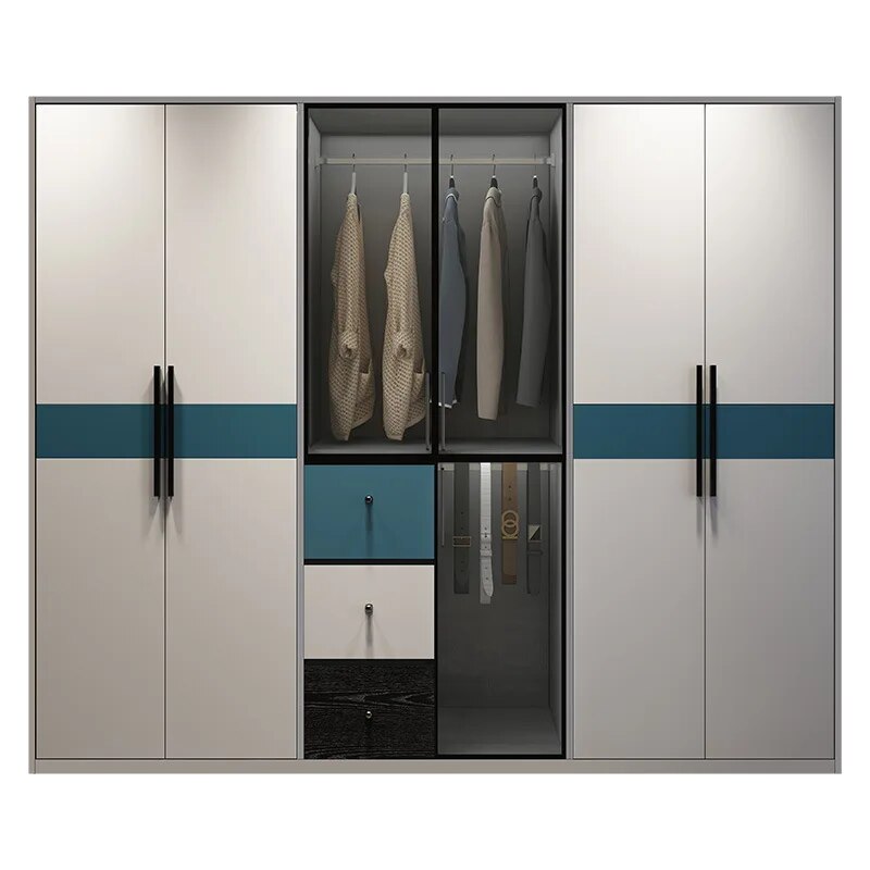 Wardrobe Wooden Assembly Full Set Flat-Packed Furniture Glass Door Bedroom Household Multi-Function Six-Door Wardrobe