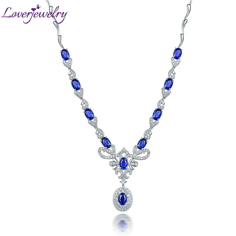 Women Sapphire Pendants Necklace Real 18k White Gold 5.68Ct Natural Oval Sapphire Accented Diamonds Anniversary Party Necklace