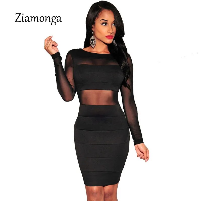 XS-XXL Sexy Bandage Dress New Winter Black White Dress Long Sleeve Mesh Patchwork Hollow Out Pencil Bodycon Dress Female Dresses