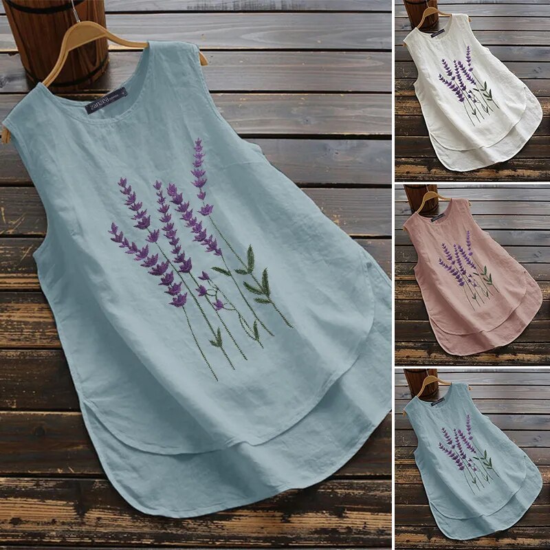 Women's Irregular Blouse ZANZEA 2023  Tanks Tops Casual Linen Blusas Female Sleeveless Chemise Summer Tee Shirts