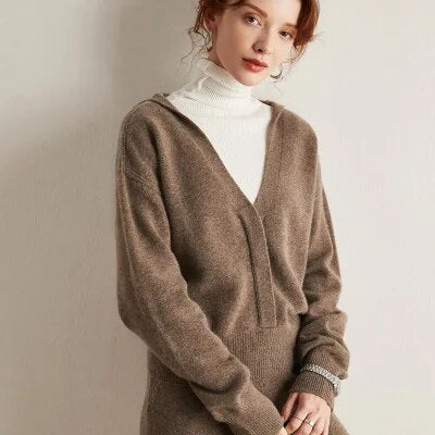 100 Pure Cashmere suits  women autumn and winter new pure cashmere suit two-piece suit knitted V-neck  wide-leg pants