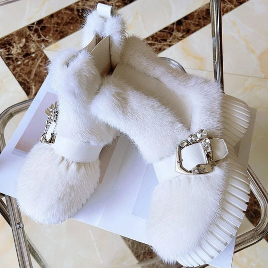 Women's Fashion Platform Ankle Boots Luxury Mink Fur Trend SnowShoes Exquisite Diamond Buckle Casual Solid Color Fur Sneakers