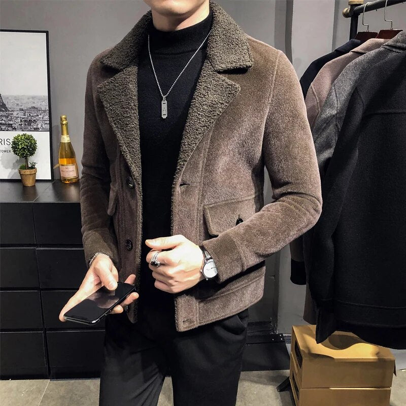 Winter Warm Fleece Jacket Men's New Fashion Solid Color Casual Thick Coat High-quality Fashion Men's Clothing Slim Woolen Coat