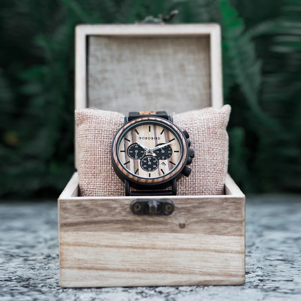 Wood Men‘s Watch BOBO BIRD Fashion Multifunction Quartz Wristwatch Chronograph Calendar Personalized Engraved Watches Gift Box