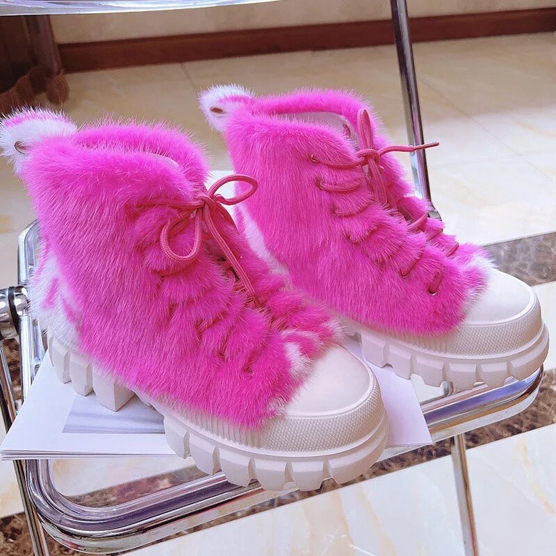 2023 New women's platform High Top Casual Shoes Natural 100% Real Mink Hair Outdoor Warm Fashion Solid Color Fur Sneakers