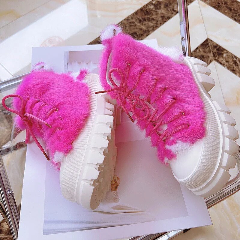 2023 New women's platform High Top Casual Shoes Natural 100% Real Mink Hair Outdoor Warm Fashion Solid Color Fur Sneakers