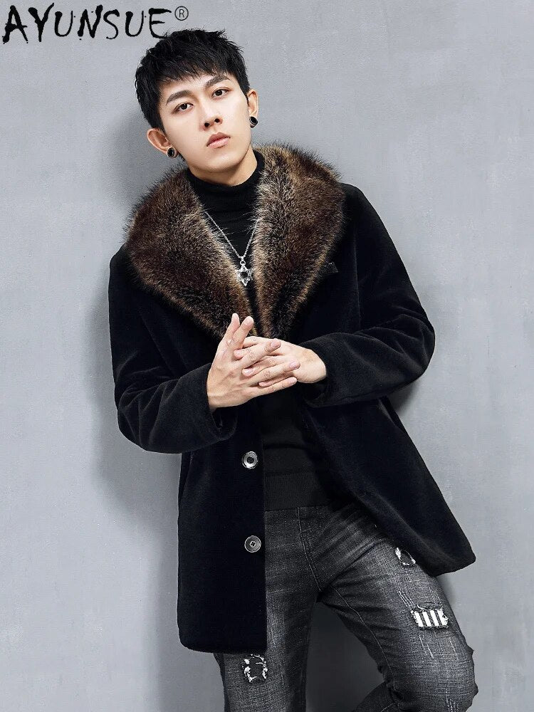 2024 Men's Clothing Real Wool Fur Coat 100% Raccoon Collar Leather Jacket Men 5XL Clothes chaqueta hombre LXR776