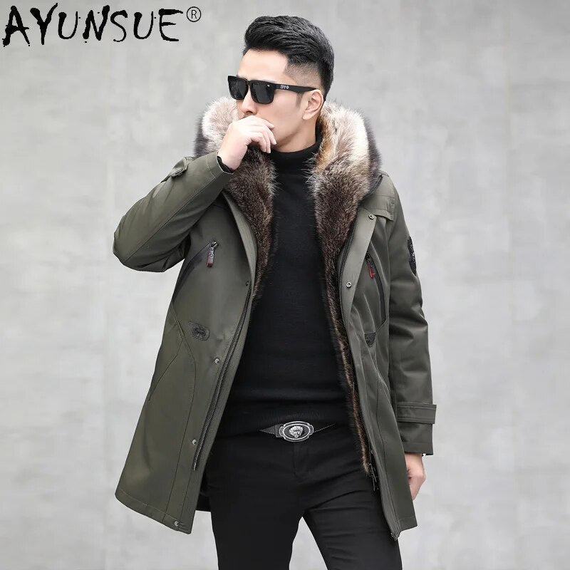 2020 Men's Clothing Winter Jacket Men Long Parka Real Raccoon Fur Coat 100% Rabbit Sleeves 5XL Coats Chaqueta LXR807