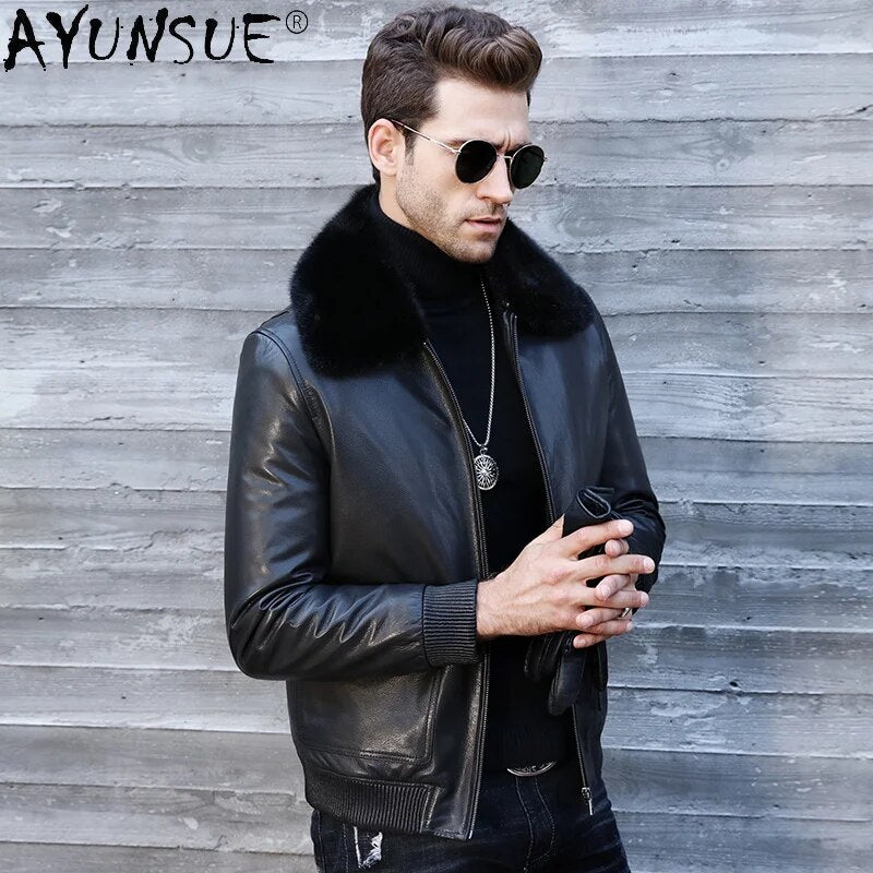 Winter Jacket Men 2024 Men's Clothing Real Mink Fur Collar 100% Goatskin Leather Motorcycle Down Jackets Jaqueta LXR537