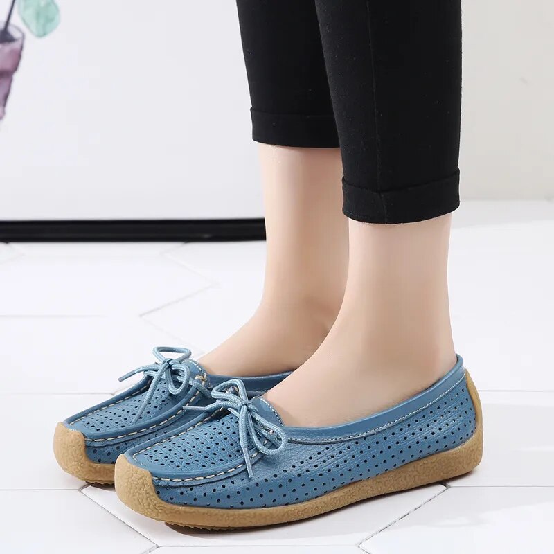 2023 New Women Shoes Moccasins Women Flats Loafers Genuine Leather Female Shoes Slip on Ballet Bowtie Ladies Women's Shoes