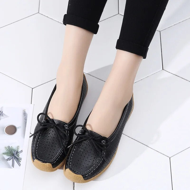 2023 New Women Shoes Moccasins Women Flats Loafers Genuine Leather Female Shoes Slip on Ballet Bowtie Ladies Women's Shoes