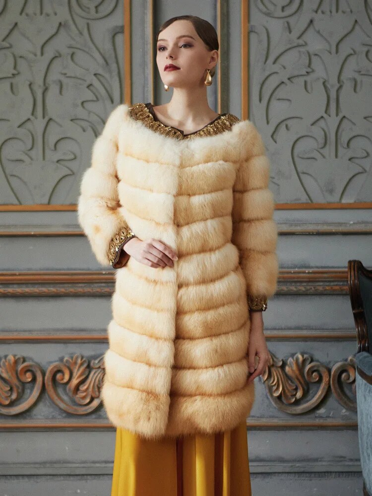 Women's Fur Coat 2223 Trend Natural  Long The Sable Mink Fur Outerwear Jackets Trench Coats New Outdoor Clothes Clothing Beige