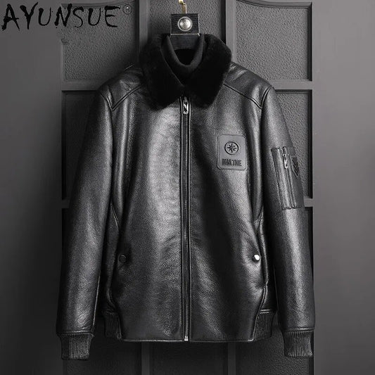 2024 genuine sheep shearling leather jacket men clothing winter jackets men's motorcycle parka ropa de hombre LXR1001