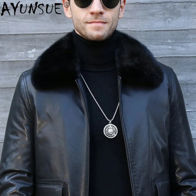 Winter Jacket Men 2024 Men's Clothing Real Mink Fur Collar 100% Goatskin Leather Motorcycle Down Jackets Jaqueta LXR537