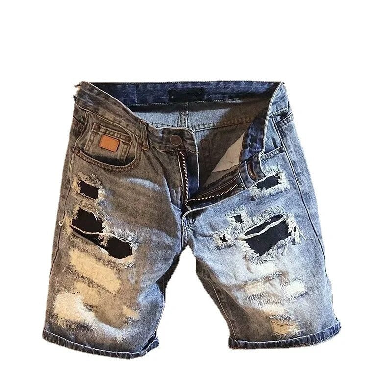 2023 New Spring and Summer Men's Straight Wash Denim Shorts Ripped Slim Personality 5 Five-point Medium Pants Tide Brand Fashion