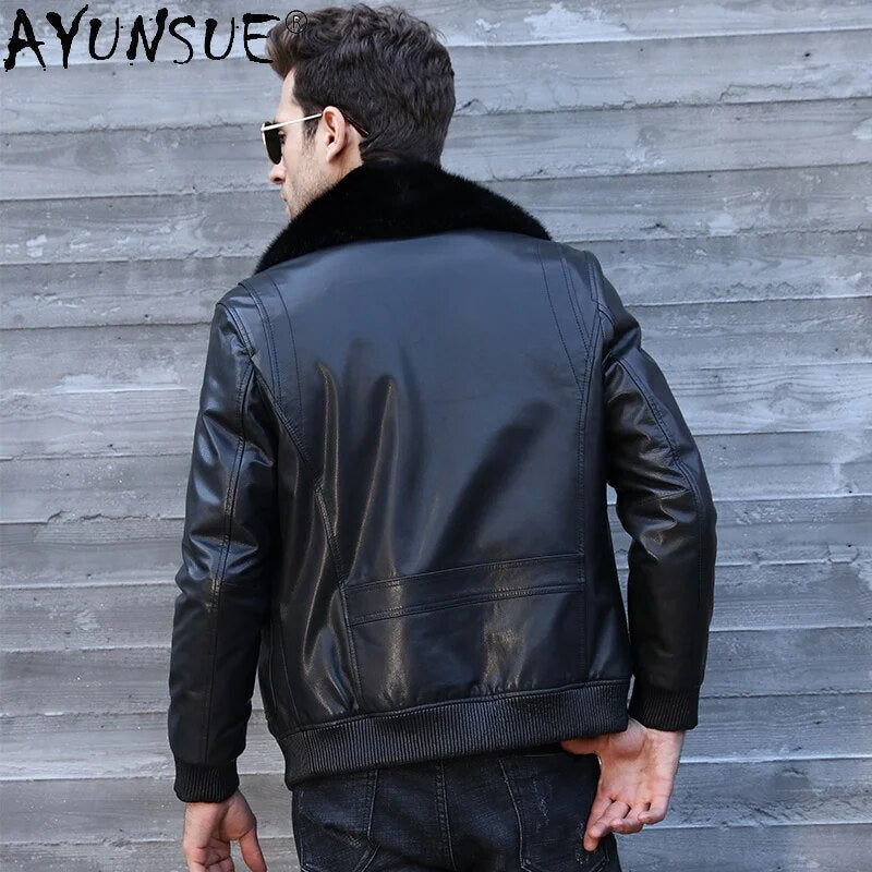 Winter Jacket Men 2024 Men's Clothing Real Mink Fur Collar 100% Goatskin Leather Motorcycle Down Jackets Jaqueta LXR537