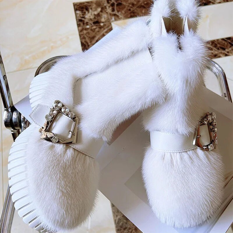 Women's Fashion Platform Ankle Boots Luxury Mink Fur Trend SnowShoes Exquisite Diamond Buckle Casual Solid Color Fur Sneakers