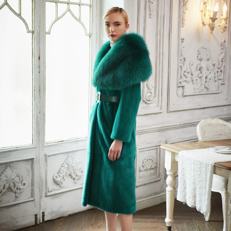 Women's Fur Coat 2223 Trend Natural Fur Long Mink Fox Green Purple Outerwear Jackets Trench Coats New Outdoor Clothes Clothing