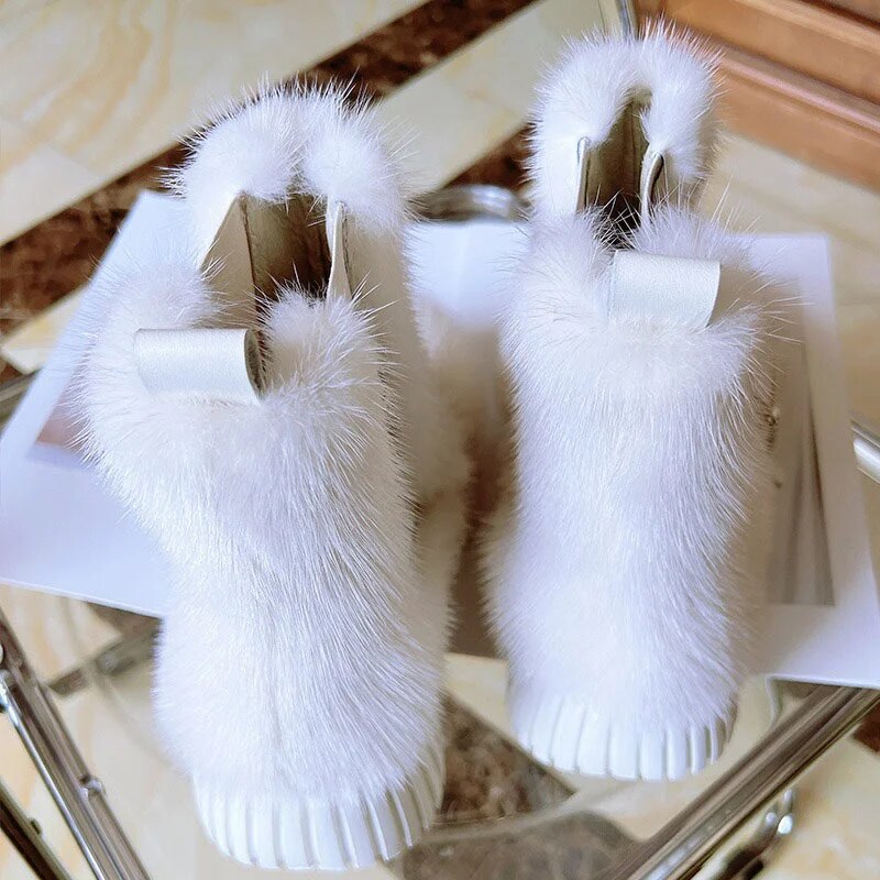 Women's Fashion Platform Ankle Boots Luxury Mink Fur Trend SnowShoes Exquisite Diamond Buckle Casual Solid Color Fur Sneakers