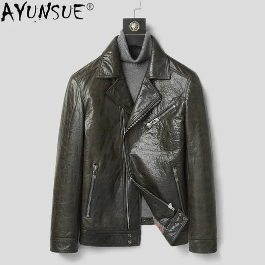 2024 New Men's Sheepskin Leather Jacket Men Clothing Motorcycle Jackets Short Autumn Coat Male Chaqueta Hombre :LXR958