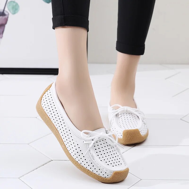 2023 New Women Shoes Moccasins Women Flats Loafers Genuine Leather Female Shoes Slip on Ballet Bowtie Ladies Women's Shoes