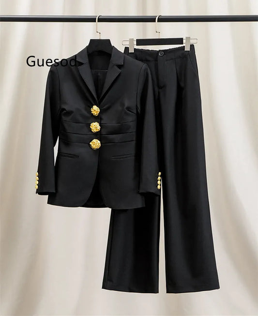 Women Blazer Pants Set Black Spring Autumn Streetwear British Slim Waist Professional Blazer Wide Leg Pants Suit Female New