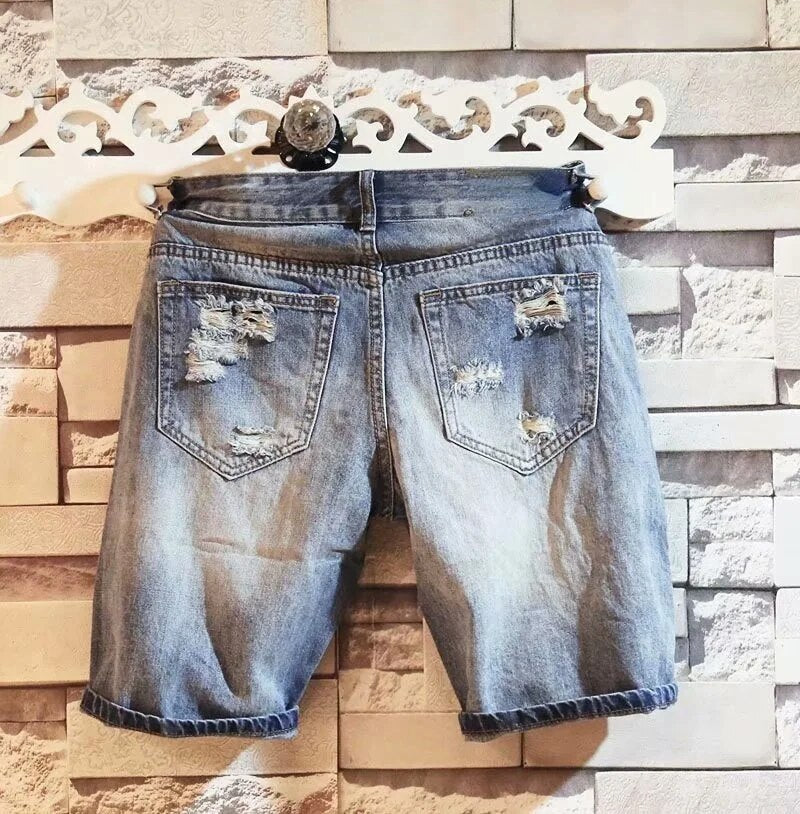 2023 New Spring and Summer Men's Straight Wash Denim Shorts Ripped Slim Personality 5 Five-point Medium Pants Tide Brand Fashion