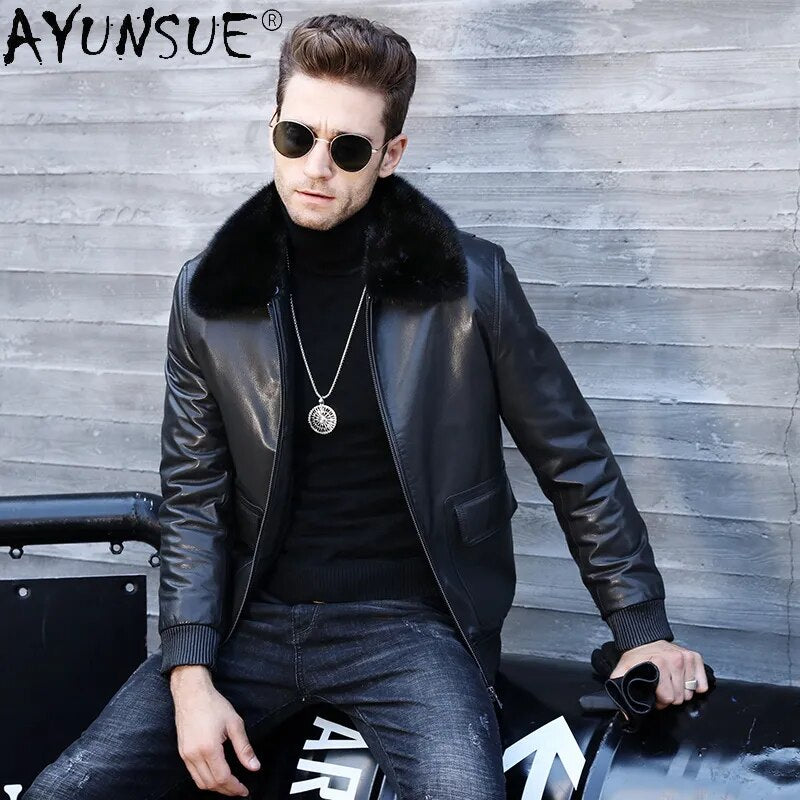 Winter Jacket Men 2024 Men's Clothing Real Mink Fur Collar 100% Goatskin Leather Motorcycle Down Jackets Jaqueta LXR537