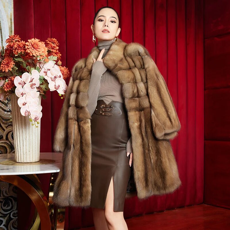 Women's Fur Coat 2223 Trend Natural Fur Long Mink Coffee Fashion Outerwear Jackets Trench Coats New In Outdoor Clothes Clothing