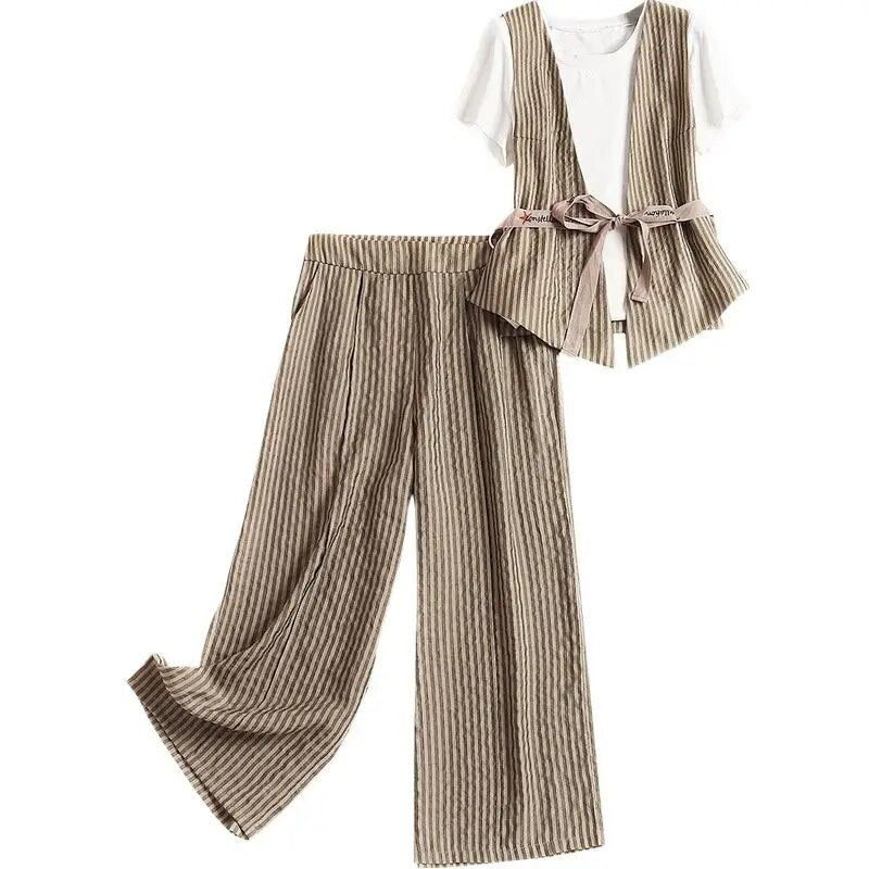 2023 new summer temperament commuter cardigan vest inside solid color T-shirt striped wide-leg pants three-piece