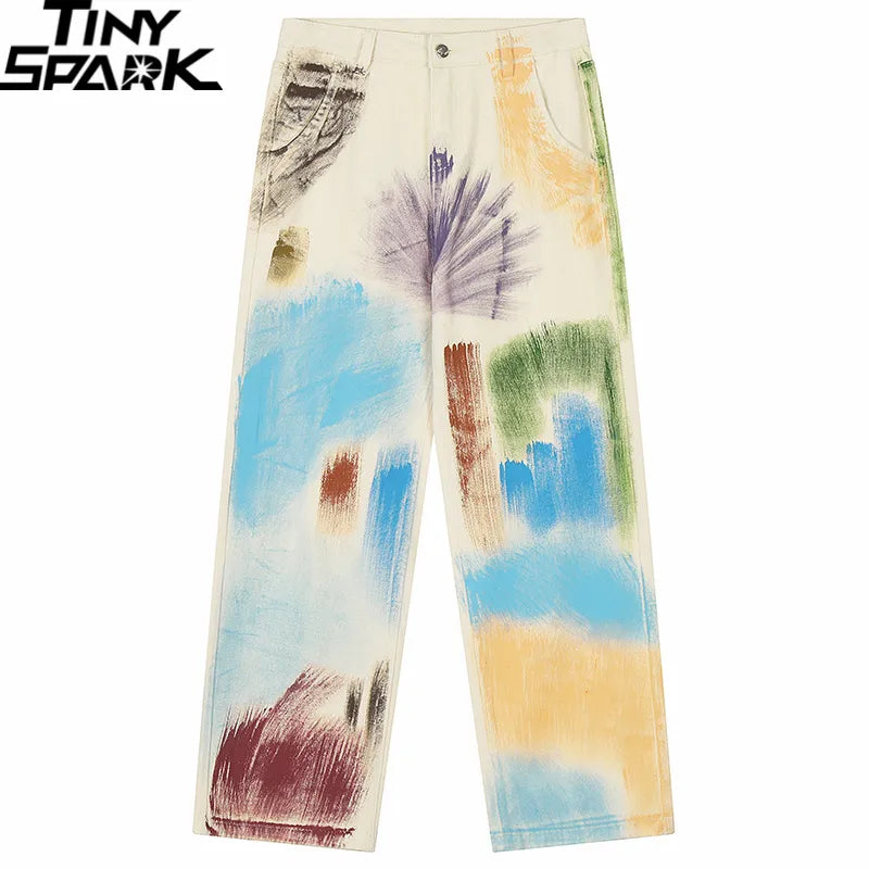 2023 Streetwear Denim Pants Graffiti Oil Paint Graphic Men Harajuku Cargo Pants Jogger Cotton Vintage Pants Jeans Trousers Y2K