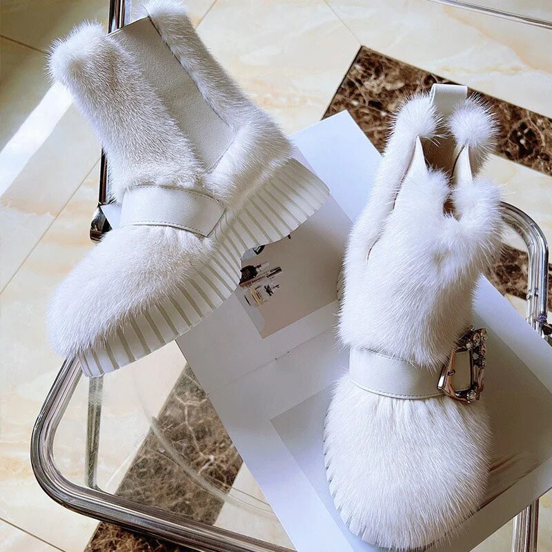 Women's Fashion Platform Ankle Boots Luxury Mink Fur Trend SnowShoes Exquisite Diamond Buckle Casual Solid Color Fur Sneakers