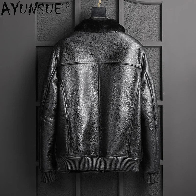 2024 genuine sheep shearling leather jacket men clothing winter jackets men's motorcycle parka ropa de hombre LXR1001