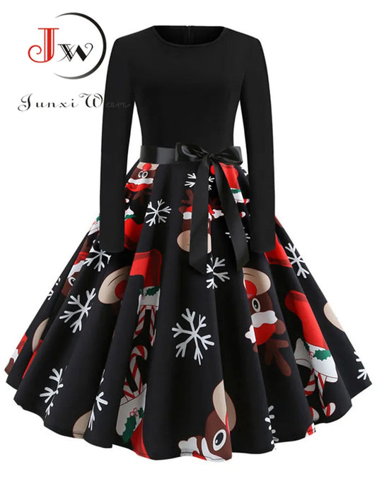 Winter Christmas Dresses Women 50S 60S Vintage Robe Swing Pinup Elegant Party Dress Long Sleeve Casual Print Black