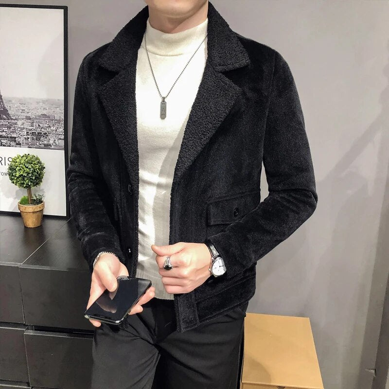 Winter Warm Fleece Jacket Men's New Fashion Solid Color Casual Thick Coat High-quality Fashion Men's Clothing Slim Woolen Coat