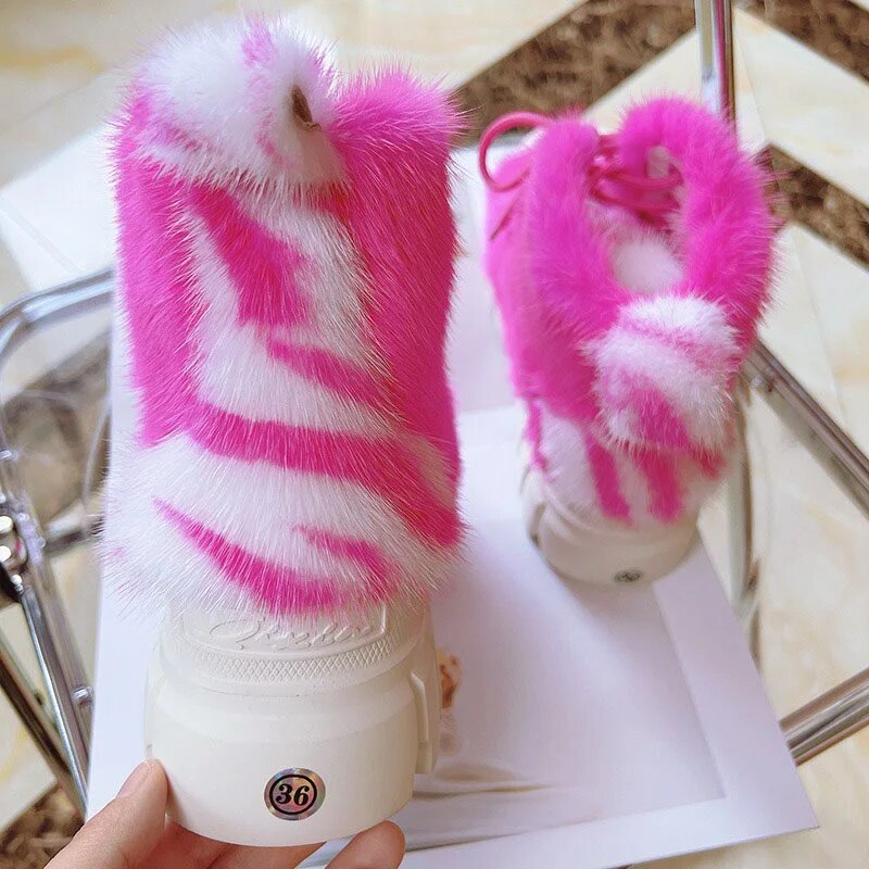 2023 New women's platform High Top Casual Shoes Natural 100% Real Mink Hair Outdoor Warm Fashion Solid Color Fur Sneakers