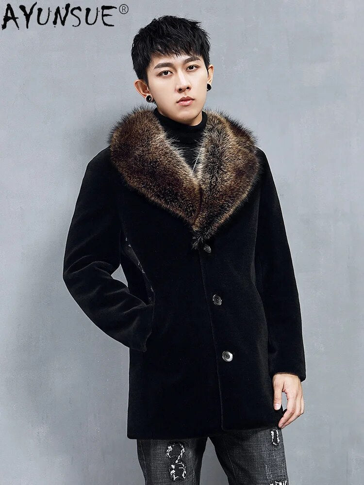 2024 Men's Clothing Real Wool Fur Coat 100% Raccoon Collar Leather Jacket Men 5XL Clothes chaqueta hombre LXR776