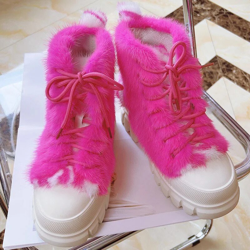 2023 New women's platform High Top Casual Shoes Natural 100% Real Mink Hair Outdoor Warm Fashion Solid Color Fur Sneakers