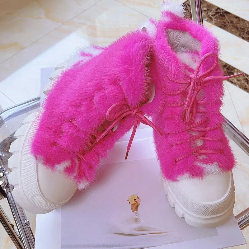 2023 New women's platform High Top Casual Shoes Natural 100% Real Mink Hair Outdoor Warm Fashion Solid Color Fur Sneakers