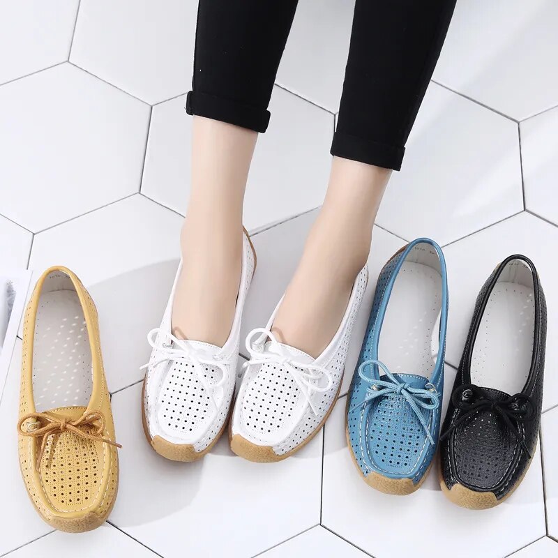 2023 New Women Shoes Moccasins Women Flats Loafers Genuine Leather Female Shoes Slip on Ballet Bowtie Ladies Women's Shoes