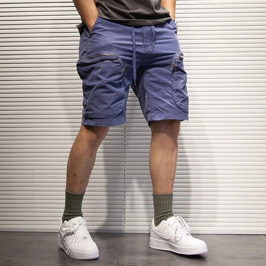 2024 Retro Men's Zip Pocket Cargo Shorts Loose Straight Outdoor Casual Five-Point Pants Male