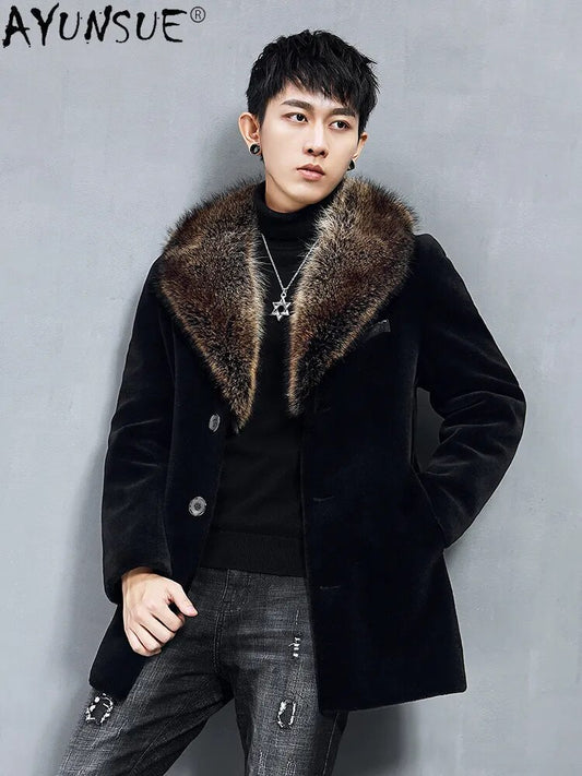 2024 Men's Clothing Real Wool Fur Coat 100% Raccoon Collar Leather Jacket Men 5XL Clothes chaqueta hombre LXR776