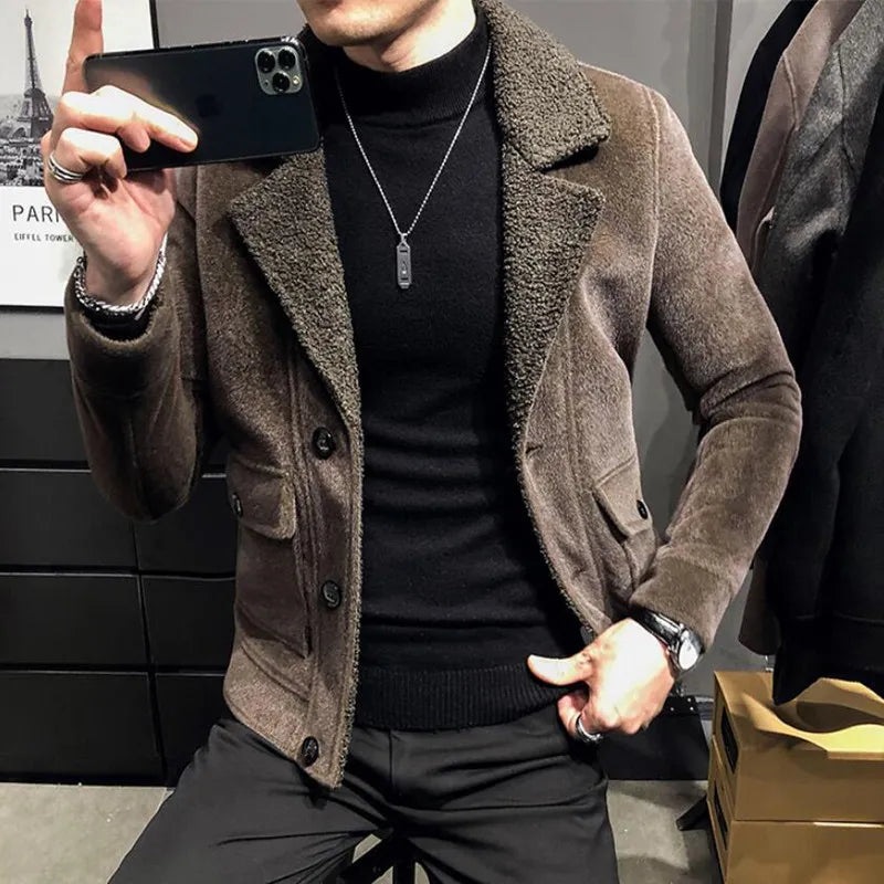 Winter Warm Fleece Jacket Men's New Fashion Solid Color Casual Thick Coat High-quality Fashion Men's Clothing Slim Woolen Coat