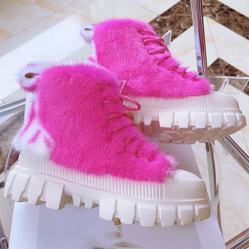 2023 New women's platform High Top Casual Shoes Natural 100% Real Mink Hair Outdoor Warm Fashion Solid Color Fur Sneakers