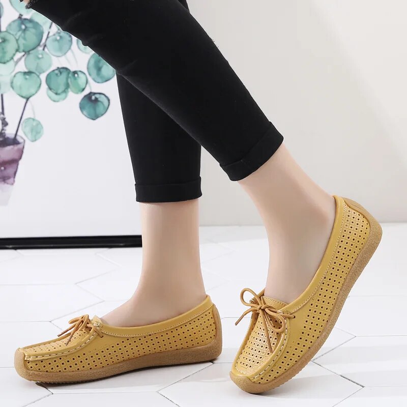 2023 New Women Shoes Moccasins Women Flats Loafers Genuine Leather Female Shoes Slip on Ballet Bowtie Ladies Women's Shoes