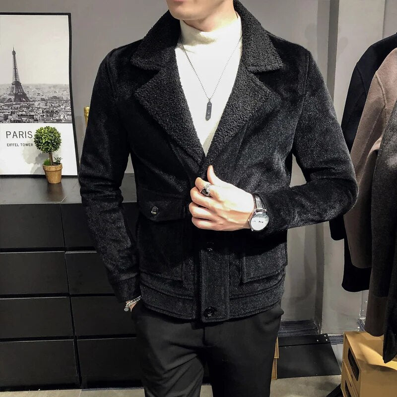 Winter Warm Fleece Jacket Men's New Fashion Solid Color Casual Thick Coat High-quality Fashion Men's Clothing Slim Woolen Coat